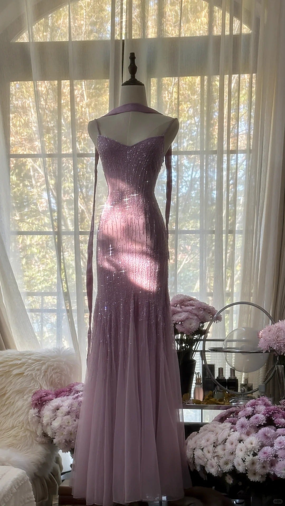 Wunderschönes Meerjungfrauenkleid mit Spaghettiträgern, fliederfarbenem Chiffon und Schal, lange Abendkleider, Ballkleider MP1121