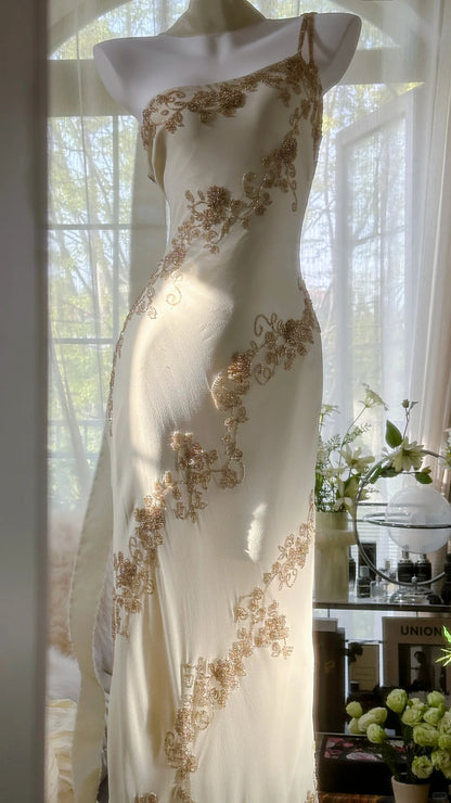 Vintage Mermaid One Shoulder Ivory Gown With Beading Evening Night Long Prom Dresses MP991
