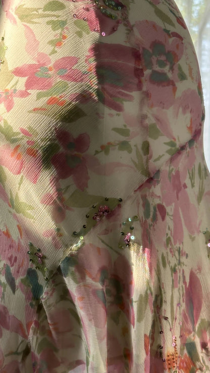 Robes de soirée sans manches en mousseline de soie rose à bretelles spaghetti et cristaux, motif floral, pour bal de fin d'année, MP1009