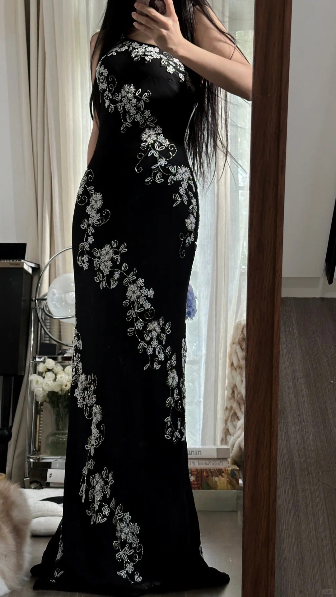 Magnifique Robe de Bal Sirène Asymétrique en Chiffon Noir avec Cristaux Longueur Ras du Sol sans Manches Robe de Soirée MP1130
