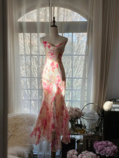 Bescheidenes Meerjungfrauen-Spaghettiträger-Kleid aus pinkfarbenem Chiffon mit Blumenmuster, lang, ärmellos, formelles Abend-/Ballkleid MP1087