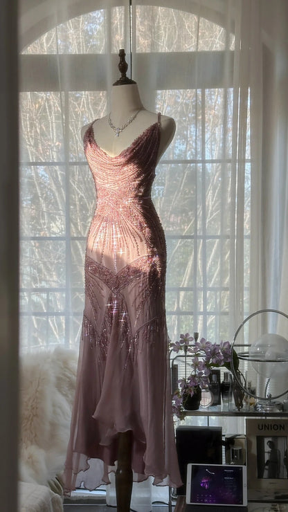Bescheidenes Meerjungfrauen-Spaghetti-Trägerkleid, ärmellos, rosa, mit Perlenstickerei, formelles Ballkleid aus Chiffon für den Abend, MP1052