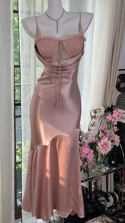 Elegantes meerjungfrauenförmiges, rosa satiniertes, ärmelloses, teelanges Ballkleid mit Spaghettiträgern MP974