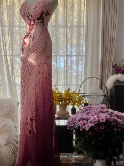 Stylish Mermaid Spaghetti Strap Gradient Pink Color Chiffon Sleeveless Formal Outfits Long Prom Dresses M5P1107
