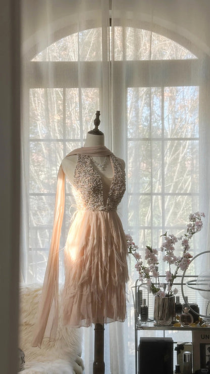 Modest A line V Neck Blush Pink Chiffon With Beading Evening Night Gown Knee Length Prom Dresses MP1037