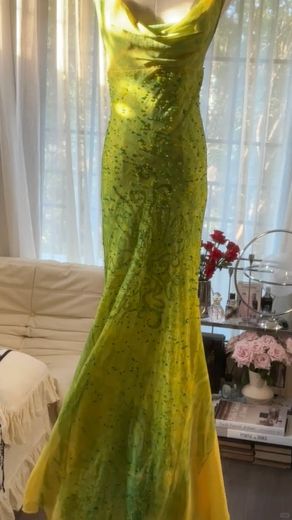 Elegantes & Ätherisches Meerjungfrauen-Abendkleid aus grünem Chiffon mit Spaghettiträgern, ärmellos, für Gala, Schönheitswettbewerb, Abschlussball MP1139