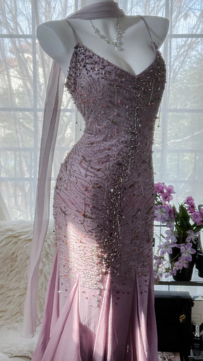 Vintage Mermaid Spaghetti Strap Chiffon Asymmetrical Lilac Chiffon Formal Gown Evening Night Prom Dresses MP1046