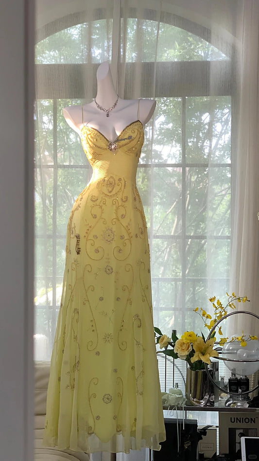Classy Mermaid Spaghetti Strap Yellow With Beaded Chiffon Sleeveless Floor Length Prom Dresses MP971