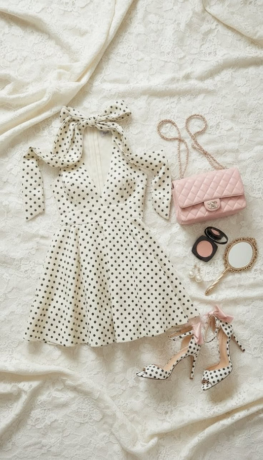 Hübsches A-Linien-Neckholder-Hoco-Kleid Inspo Homecoming Klassische weiß-schwarze Polka Dot süße Cocktail-Outfits MP417