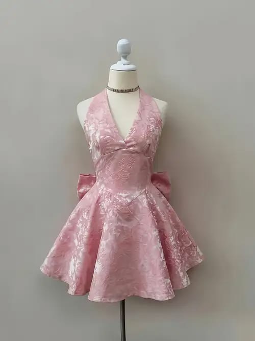 Robe De Bal Mignonne Col V Dentelle Rose Avec Nœud Robe De Soirée Courte Mini Anniversaire Robe De Retour À La Maison MP805