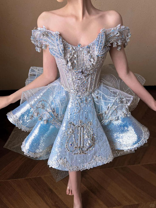 Trendiges Ballkleid schulterfrei Blau mit kurzen Ärmeln kurz Mini 15 Geburtstag Homecoming Kleid MP612