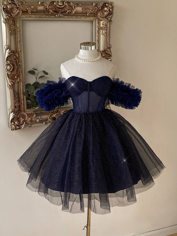 Glamorous Ball Gown Off The Shoulder Navy Blue Tulle Homecoming Dresses Mini Dress Hoco Gown Party Graduation Outfits MP1207