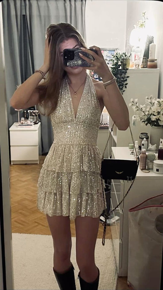Sparkly A Line Halter Sequin Dance Short Mini Homecoming Dresses Inspo Hoco Outfit Ideas MP1364