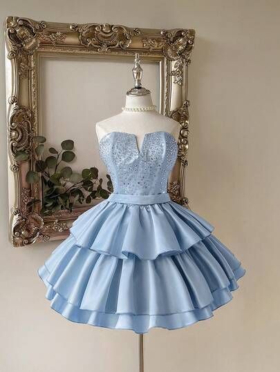 Hübsches Ballkleid Trägerlos Blau Satin Abschlussball Kurz Heimkehrkleid 18. Geburtstag Outfits MP842