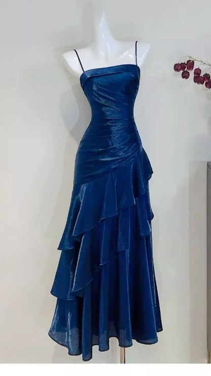 Robe de fête d'anniversaire à l'inspiration vintage, rose volantée à plusieurs couches et à bretelles spaghetti, pour remise des diplômes et bal MP306