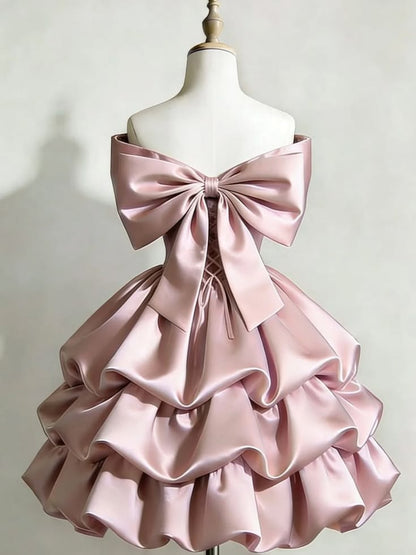 Princess Ball Gown Off The Shoulder Pink Satin Short Homecoming Dress 16Th Birthday Outfits Party Outfits MP537