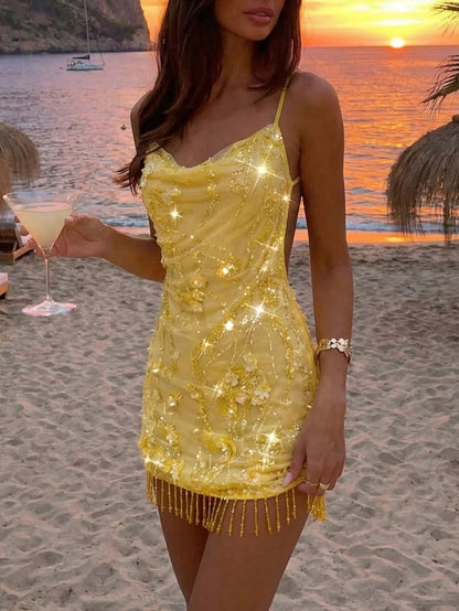 Simple Sheath Spaghetti Strap Sequin Yellow Short Homecoming Dresses 17th Birthday Party Dress MP346