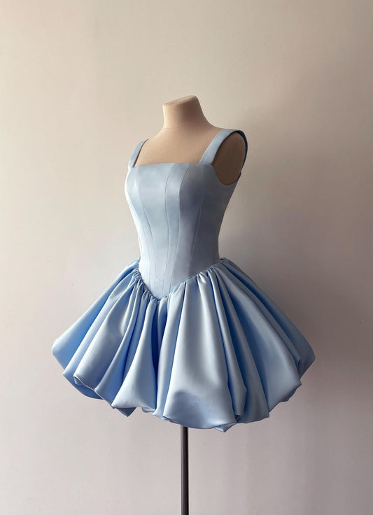 Süßes Ballkleid Quadratischer Blauer Satin Kurzes Mini 16. Geburtstag Outfits Heimkehrkleid MP724