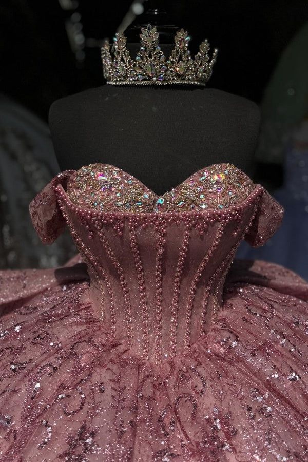 Modest Ball Gown Strapless Pink With Sequins Prom Dresses Sweet 16 Dress Graduation Gown MP522