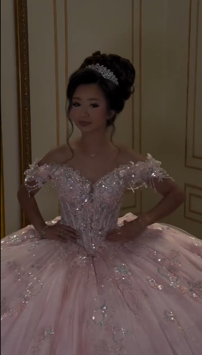 Modest Ball Gown Off The Shoulder Pink With Lace Applique Sweet 16 Dress Graduation Gown MP788