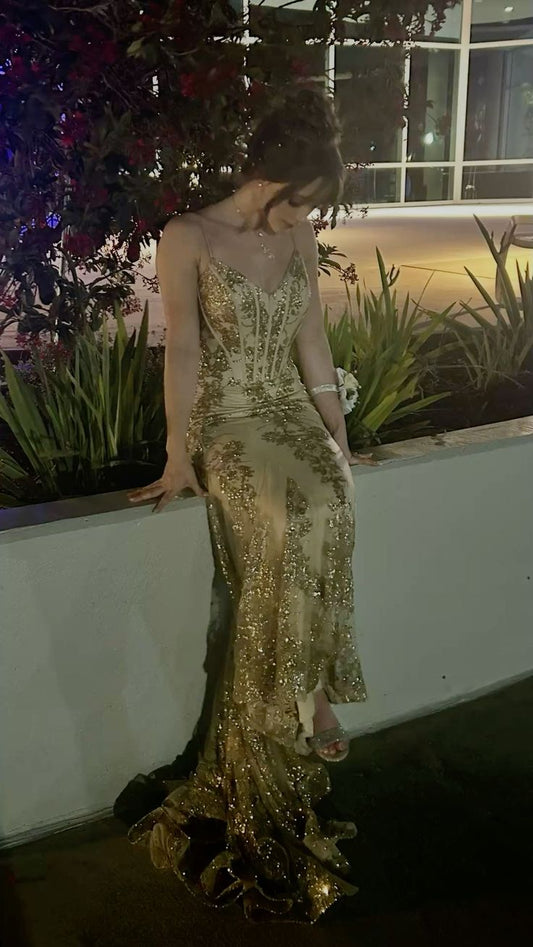 Vintage Mermaid Spaghetti Straps Gold Sleeveless Prom Dresses Long Formal Dress Graduation Gown MP479