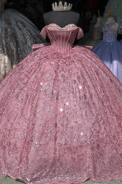 Modest Ball Gown Strapless Pink With Sequins Prom Dresses Sweet 16 Dress Graduation Gown MP522