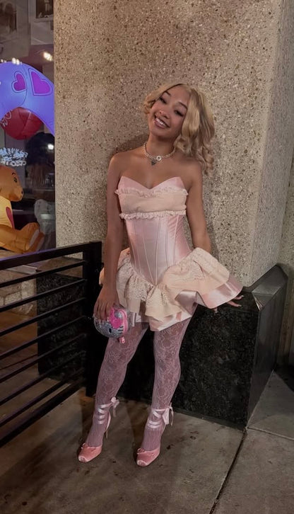 Robe de bal mignonne bustier rose poudré avec dentelle satin courte mini 15 16 tenues d'anniversaire robe de rentrée MP756