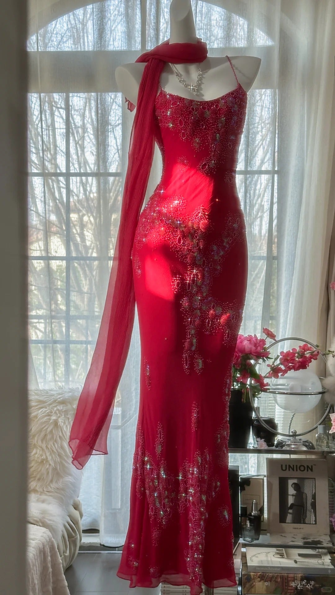 Modest Mermaid Spaghetti Strap Red With Crystals Chiffon Beaded Evening Night Gown Sleeveless Prom Dresses MP1028