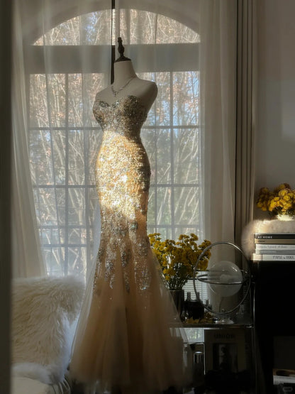 Sparkly Mermaid Sweetheart Champagne Tulle With Lace Sleeveless Formal Outfits Prom Dresses MP1112
