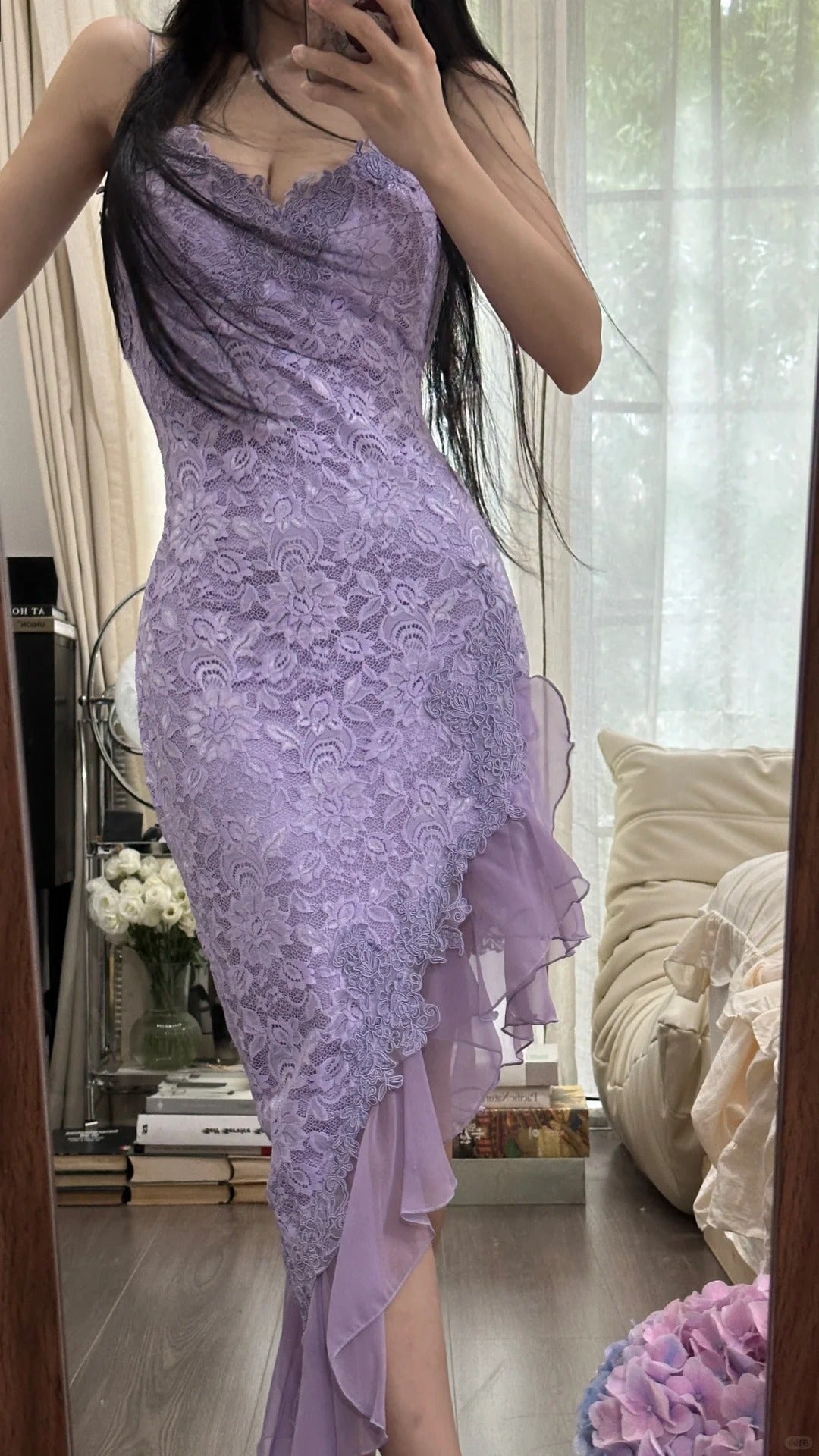 Sexy Meerjungfrau Spaghettiträger Lila Spitze Unregelmäßiges Ärmelloses Abendkleid Ballkleid MP1103