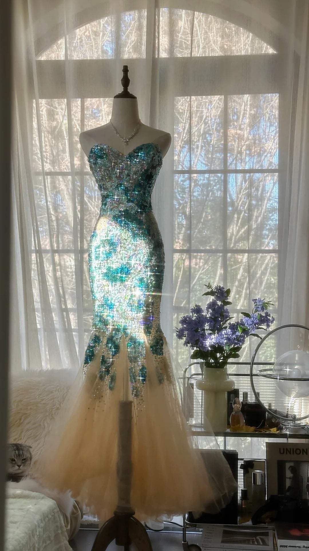 Sexy Mermaid Sweetheart Champagne Tulle With Blue Applique Long Sleeveless Formal Gown Prom Dresses MP1094