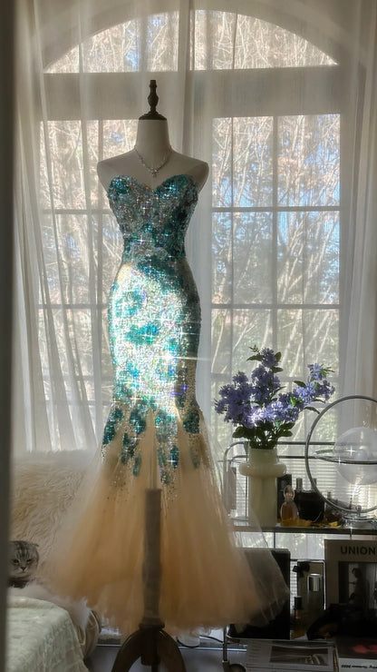Sexy Mermaid Sweetheart Champagne Tulle With Blue Applique Long Sleeveless Formal Gown Prom Dresses MP1094