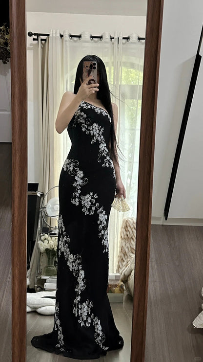 Magnifique Robe de Bal Sirène Asymétrique en Chiffon Noir avec Cristaux Longueur Ras du Sol sans Manches Robe de Soirée MP1130