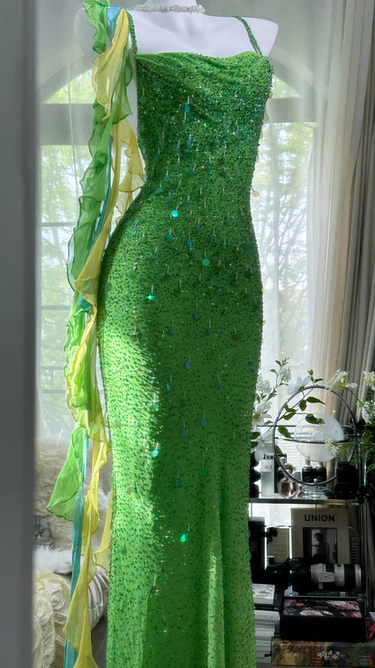 Sparkly Mermaid Spaghetti Strap Green Chiffon Long Evening Night Gown Sleeveless Prom Dresses MP1001