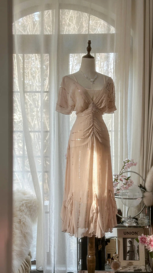 Modest A line V Neck Blush Pink Chiffon With Beading Evening Night Gown Tea Length Prom Dresses MP1036