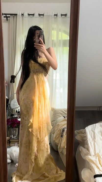 Sexy Mermaid Strapless Gold Chiffon Sleeveless Formal Outfit Long Prom Dresses M5P1105