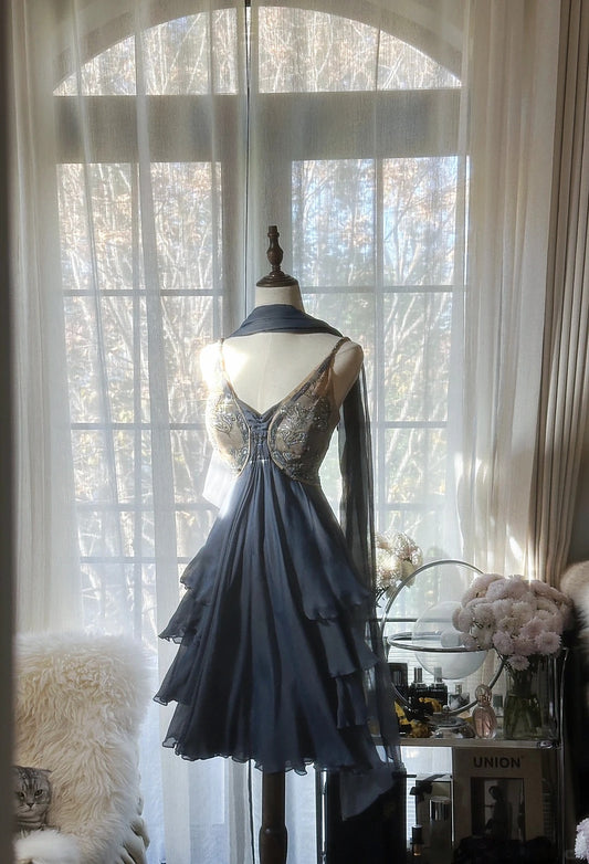 Sexy Homecoming Kleider A Linie Spaghettiträger Staubblau Chiffon Kurze Länge Cocktail Abschlussball Outfits MP1104