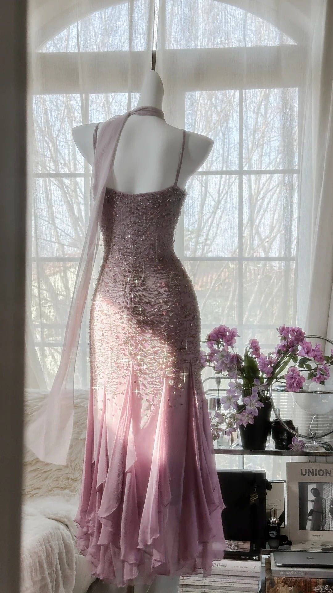 Vintage Mermaid Spaghetti Strap Chiffon Asymmetrical Lilac Chiffon Formal Gown Evening Night Prom Dresses MP1046