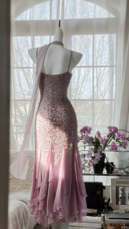 Vintage Mermaid Spaghetti Strap Chiffon Asymmetrical Lilac Chiffon Formal Gown Evening Night Prom Dresses MP1046