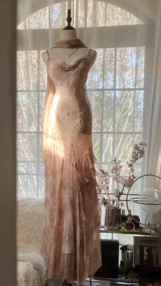 Vintage Mermaid Spaghetti Strap Chiffon Blush Pink With Beaded Formal Gown Long Evening Night Prom Dresses MP1021