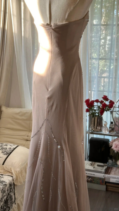 Funkelnde Meerjungfrau-Sweetheart-Champagner-Chiffon mit Perlen ärmellose festliche Outfits Ballkleider MP1111