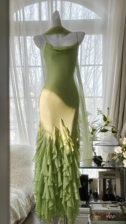 Modest Mermaid Spaghetti Strap Green Chiffon Layers Evening Night Gown Sleeveless Long Prom Dresses MP1029