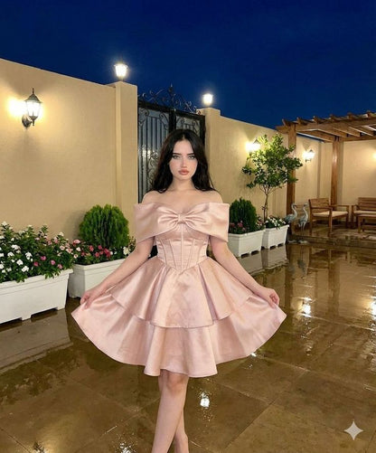 Hübsches Ballkleid schulterfrei Rosa knielang Geburtstagsparty Abschlussfeier Heimkehr 15. Geburtstag Outfits MP932