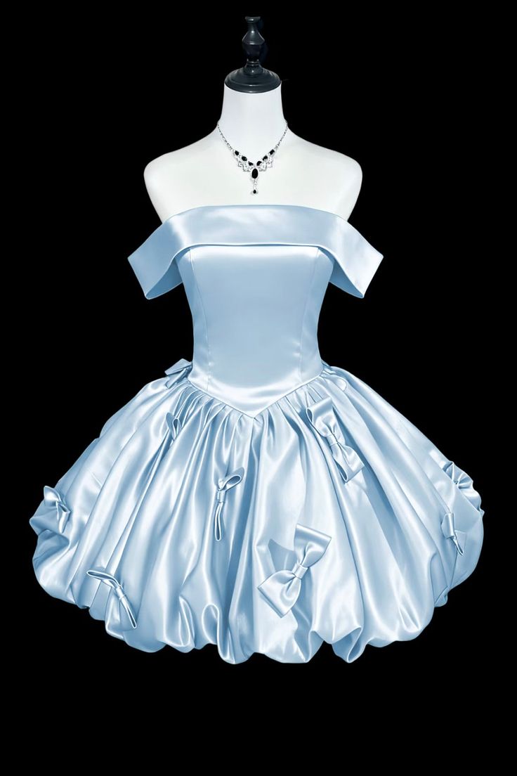Elegant Ball Gown Off The Shoulder Light Sky Blue Short Mini Satin Birthday Homecoming Dress MP615