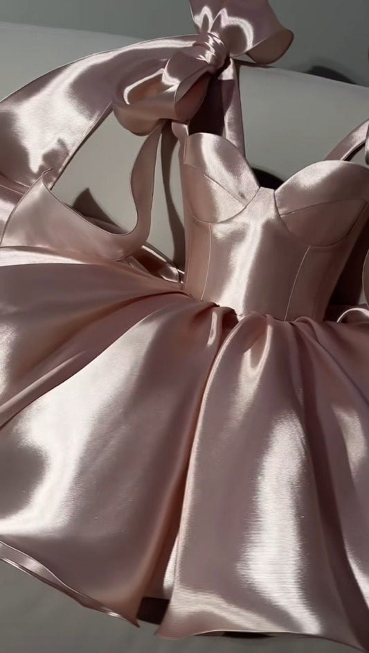 Süßes Ballkleid Spaghettiträger Rosa Satin Korsett Eng anliegender Rücken Homecoming Kleider Mini Hoco Kleid Geburtstagsoutfit MP1268