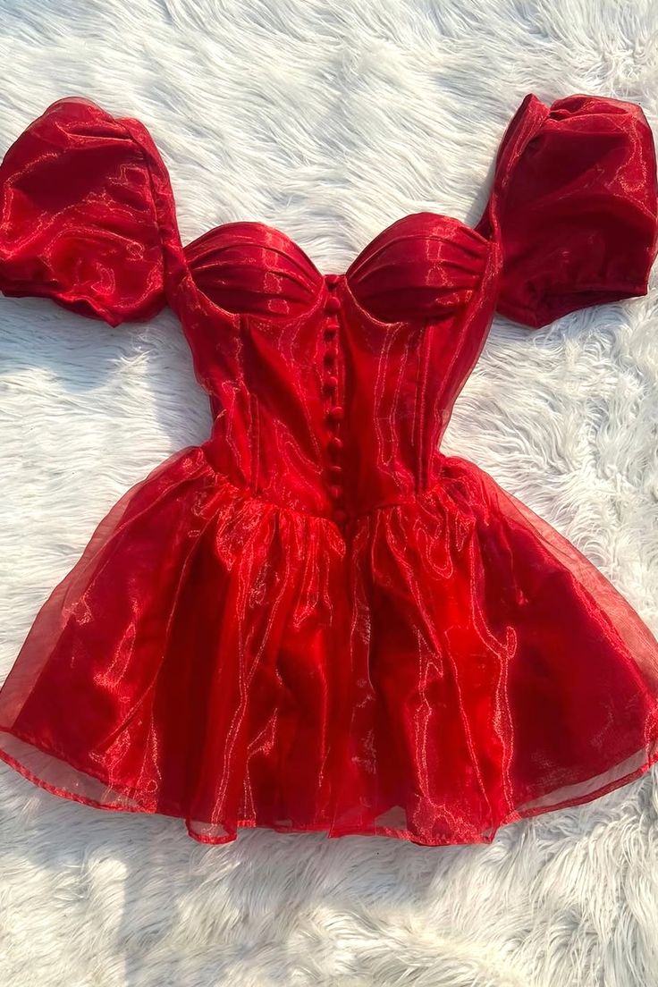 Elegant Ball Gown Sweetheart Red With Puffy Sleeves Red Short Mini Birthday Homecoming Dress MP617