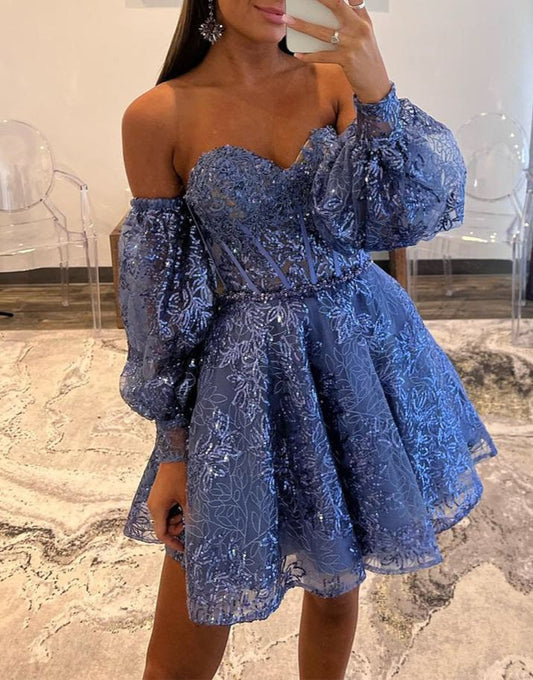 Einzigartiges Ballkleid, schulterfrei, blau mit langen Ärmeln, kurz, Hof, Heimkehrkleid, Hoco-Kleid MP1349