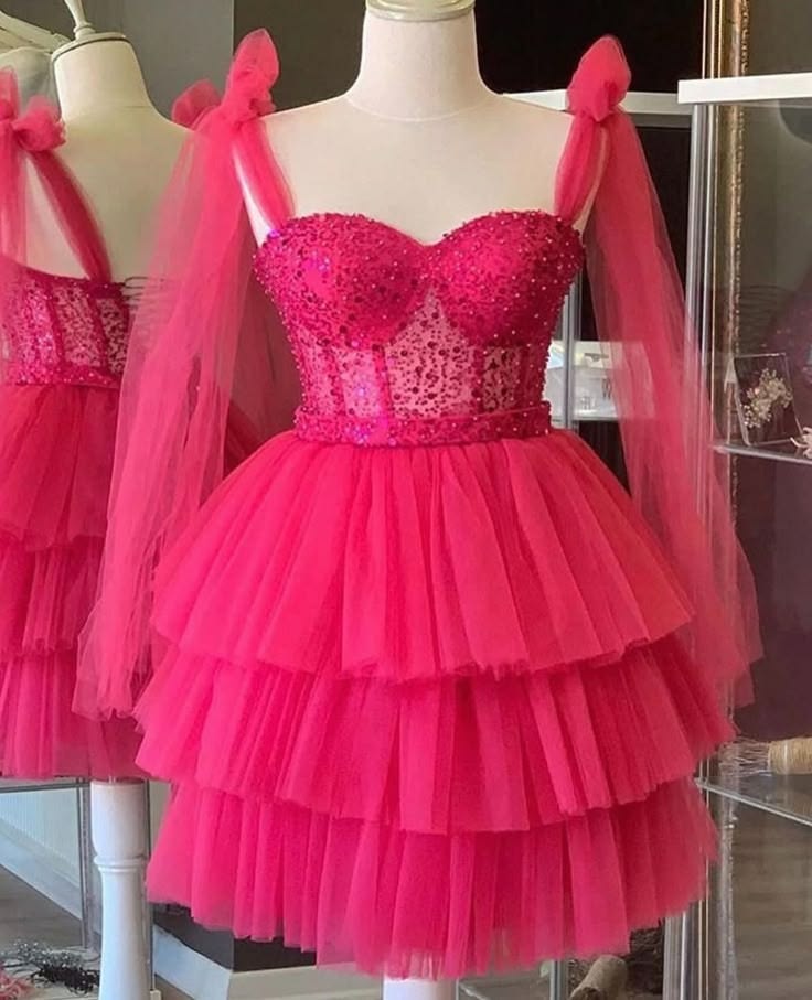 Niedliches Ballkleid mit Spaghettiträgern und Schleife, Hot Pink, kurz, Mini, für den 15. 16. Geburtstag, Heimkehrkleid MP733
