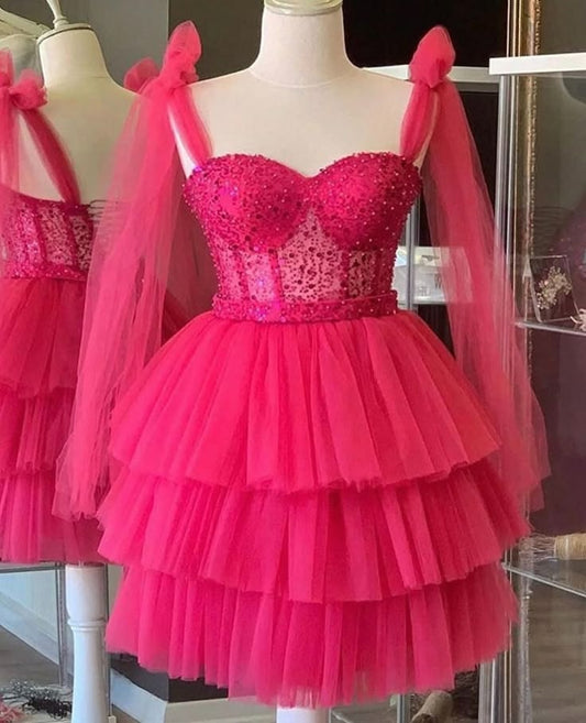Niedliches Ballkleid mit Spaghettiträgern und Schleife, Hot Pink, kurz, Mini, für den 15. 16. Geburtstag, Heimkehrkleid MP733