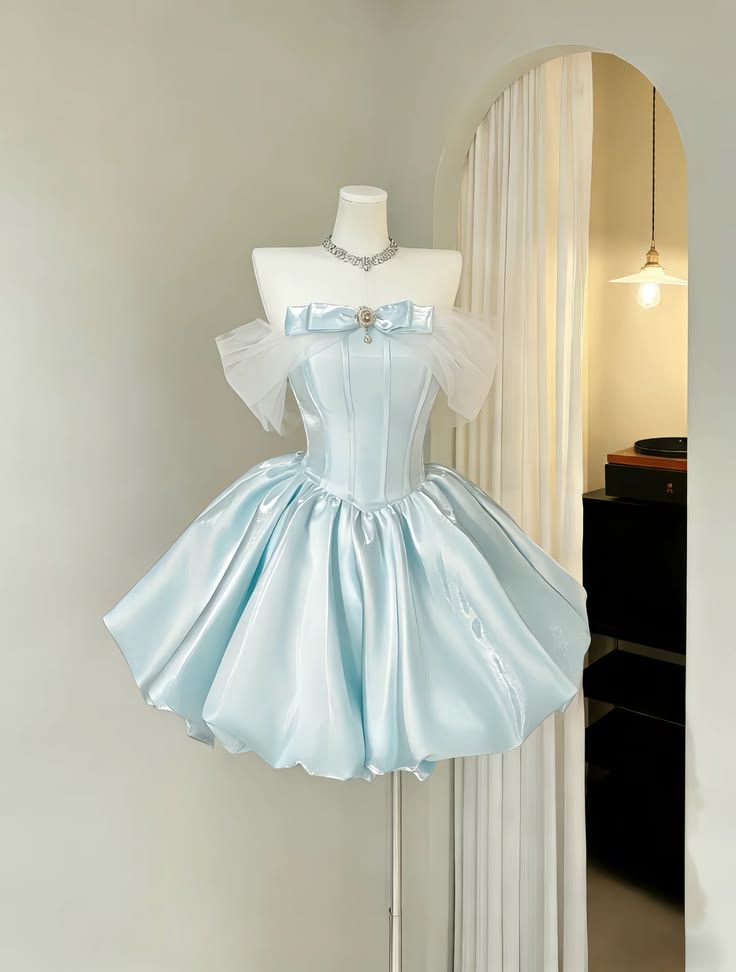 Chic Cocktail Ball Gown Off The Shoulder Light Sky Blue With Short Sleeves Formal Birthday Outfits Homecoming Dresses MP734